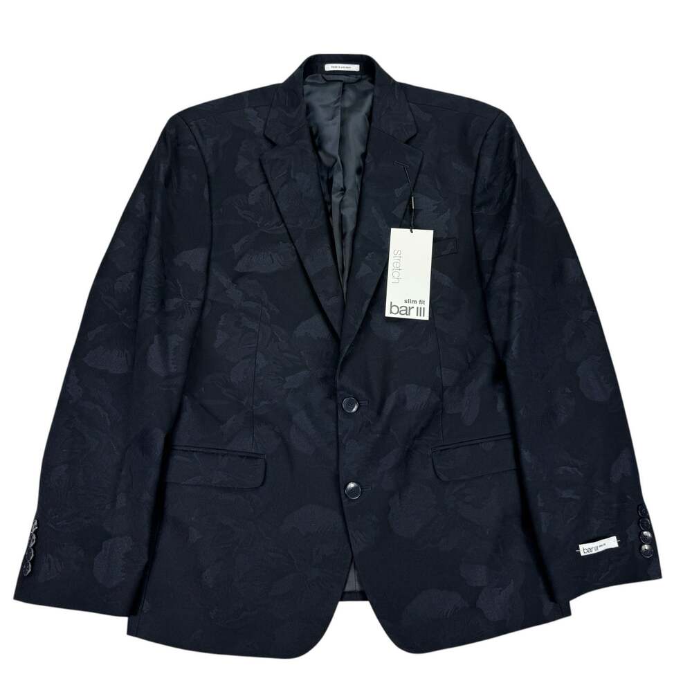Bar III Mens Slim Fit Jacquard Floral Evening Suit Jacket Navy Blue 42S